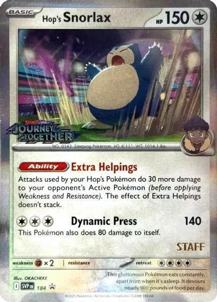Hop's Snorlax - 184 (Prerelease) [Staff] - SV: Scarlet & Violet Promo Cards