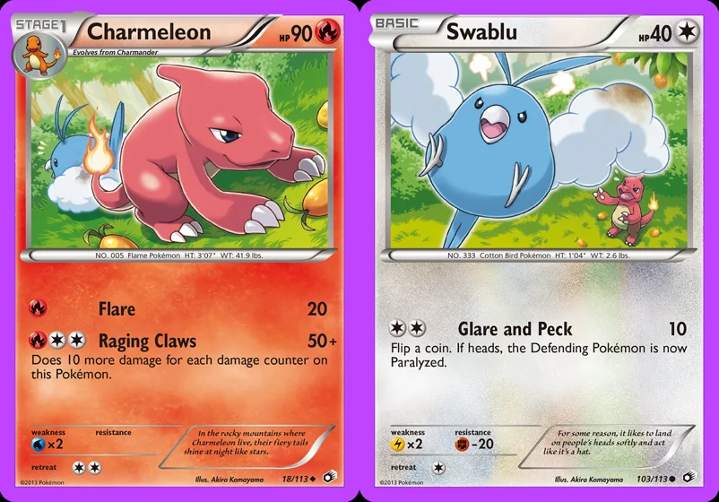 Ilustração combinada: Charmeleon e Swablu no Pokémon TCG