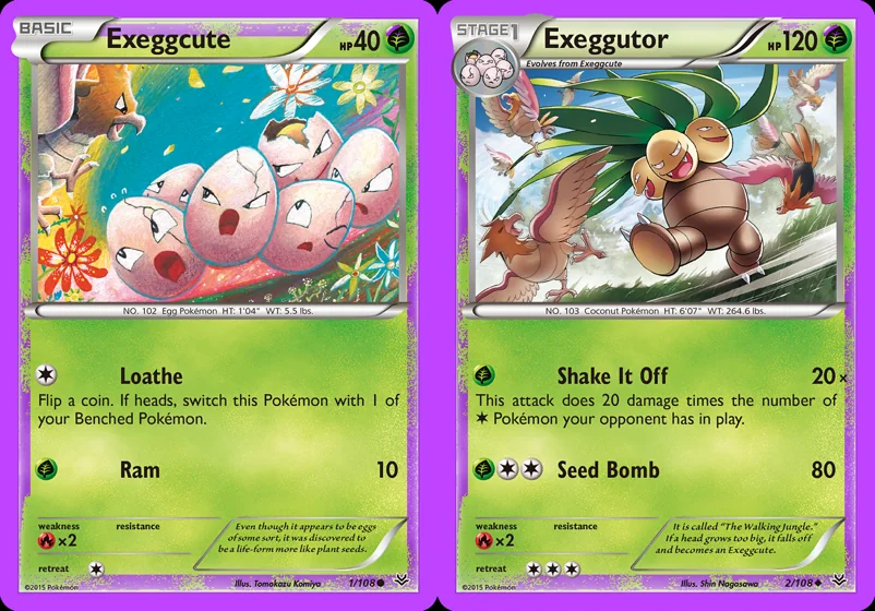 Ilustração combinada: Exeggcute e Exeggutor no Pokémon TCG