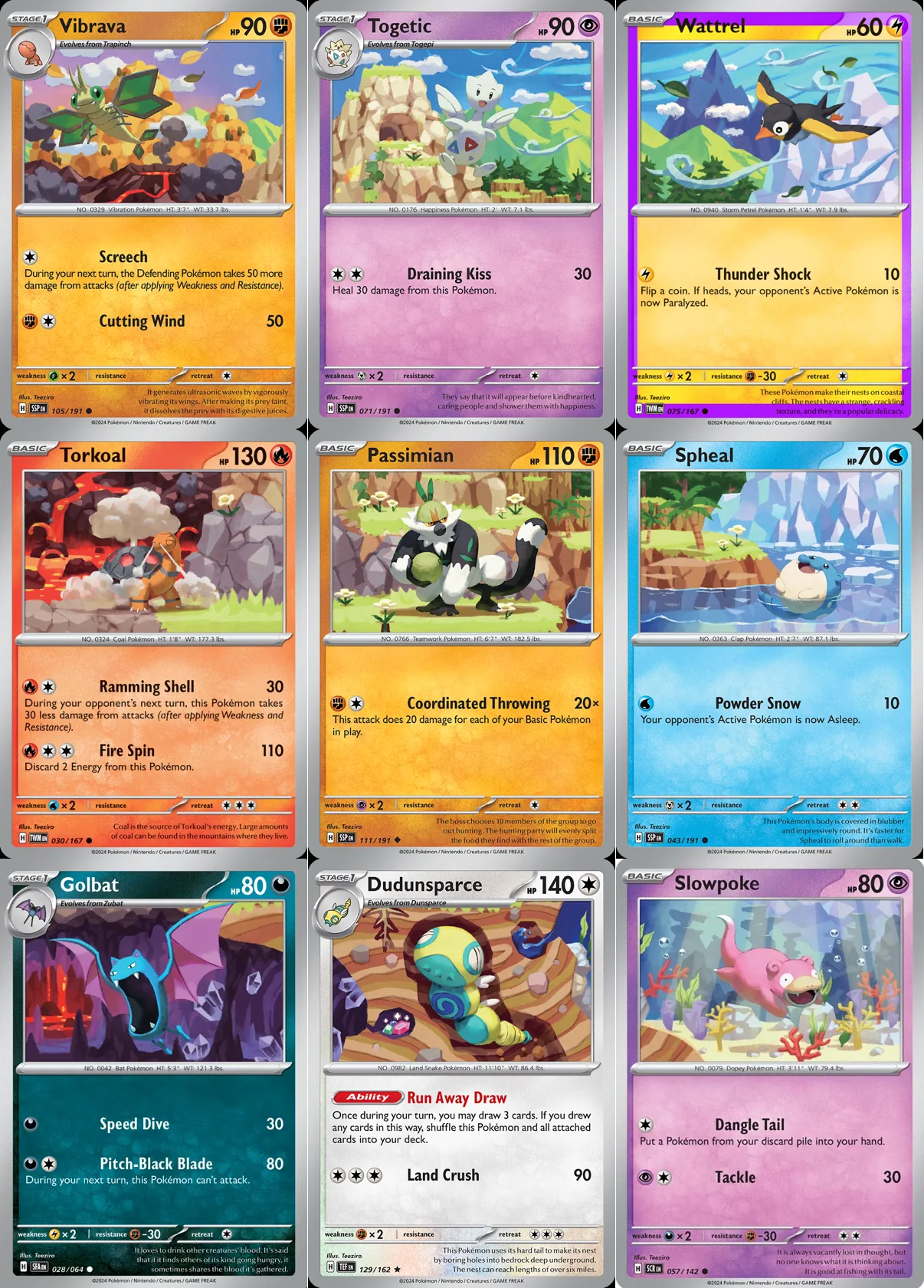 Ilustração combinada: Vibrava, Togetic, Wattrel, Torkoal, Passimian, Spheal, Golbat, Dudunsparce e Slowpoke no Pokémon TCG