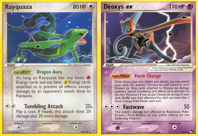 Ilustração combinada: Rayquaza e Deoxys ex no Pokémon TCG