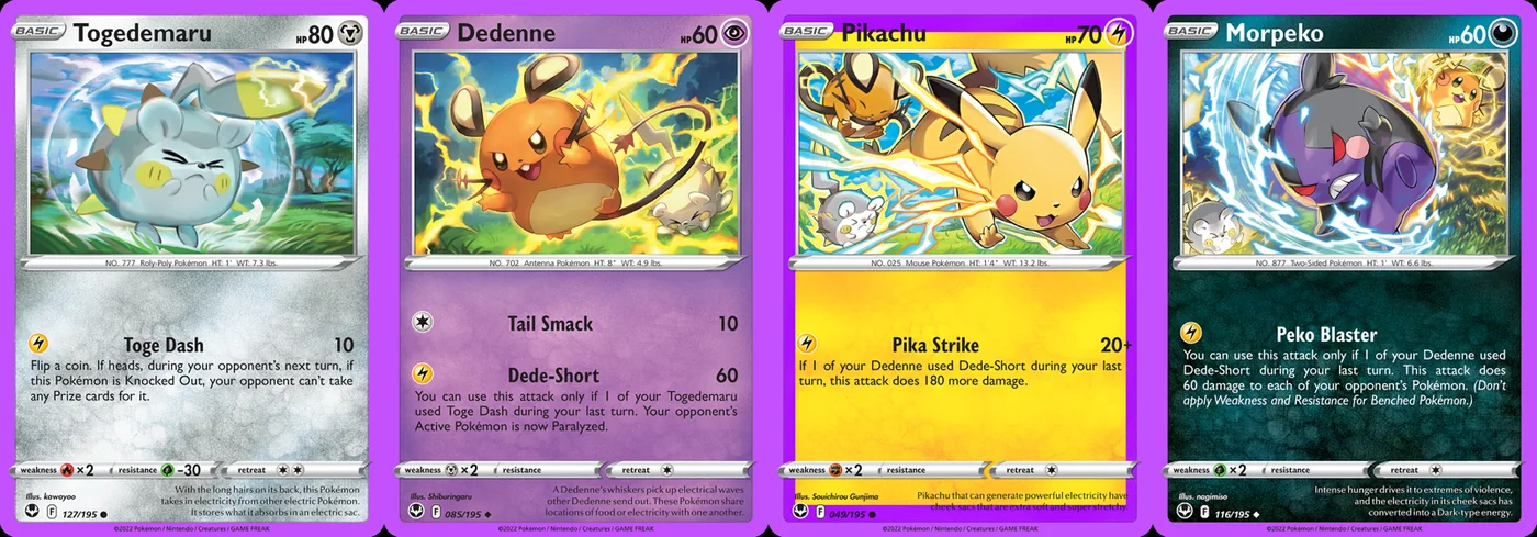 Ilustração combinada: Togedemaru, Dedenne, Pikachu e Morpeko no Pokémon TCG