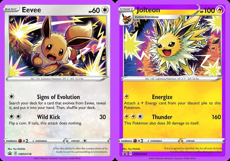Ilustração combinada: Eevee e Jolteon no Pokémon TCG