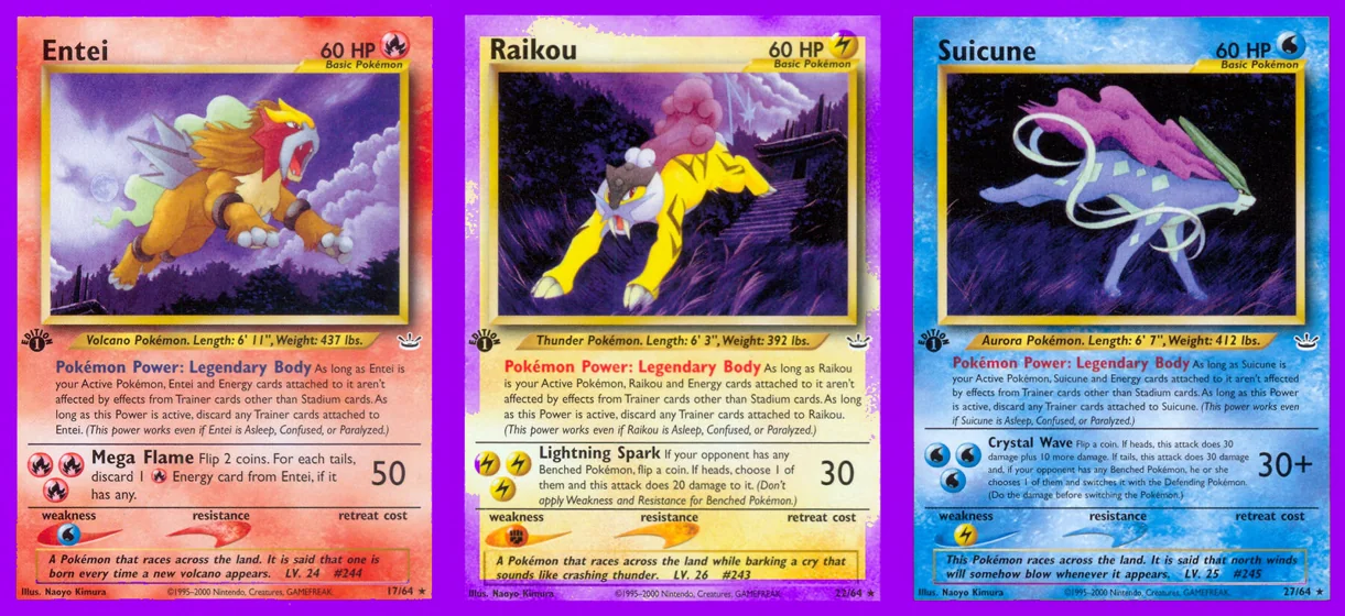 Ilustração combinada: Entei, Raikou e Suicune no Pokémon TCG
