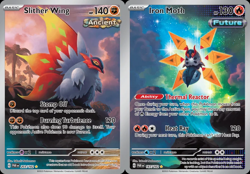 Ilustração combinada: Slither Wing e Iron Moth no Pokémon TCG