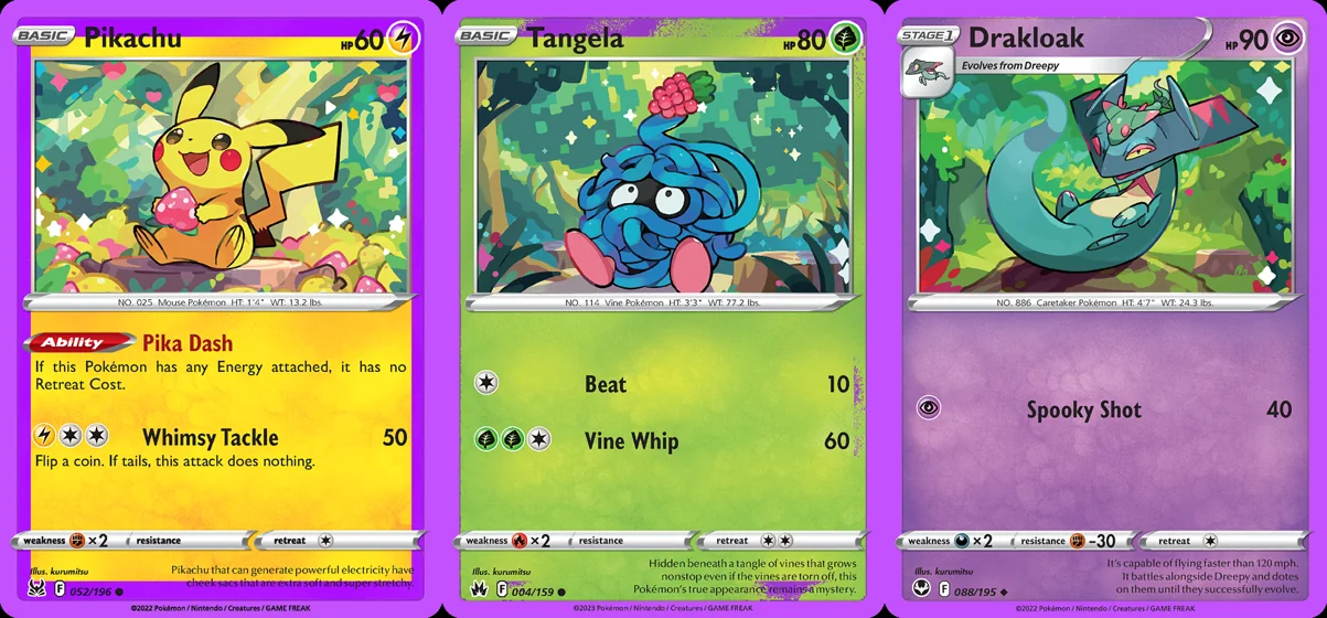 Ilustração combinada: Pikachu, Tangela e Drakloak no Pokémon TCG