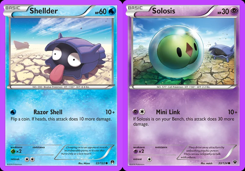 Ilustração combinada: Shellder e Solosis no Pokémon TCG