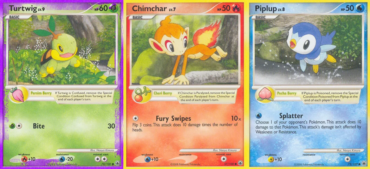 Ilustração combinada: Turtwig, Chimchar e Piplup no Pokémon TCG