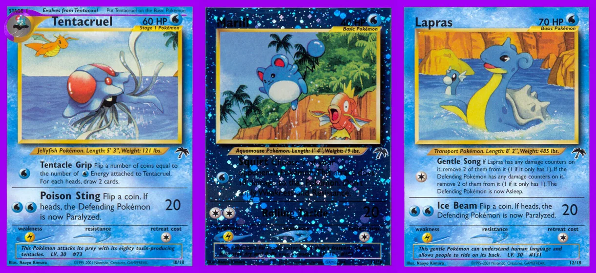 Ilustração combinada: Tentacruel, Marill e Lapras no Pokémon TCG