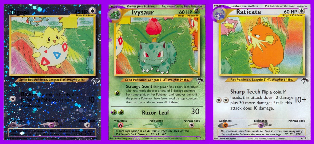 Ilustração combinada: Togepi, Ivysaur e Raticate no Pokémon TCG