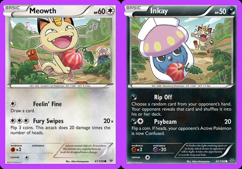 Ilustração combinada: Meowth e Inkay no Pokémon TCG