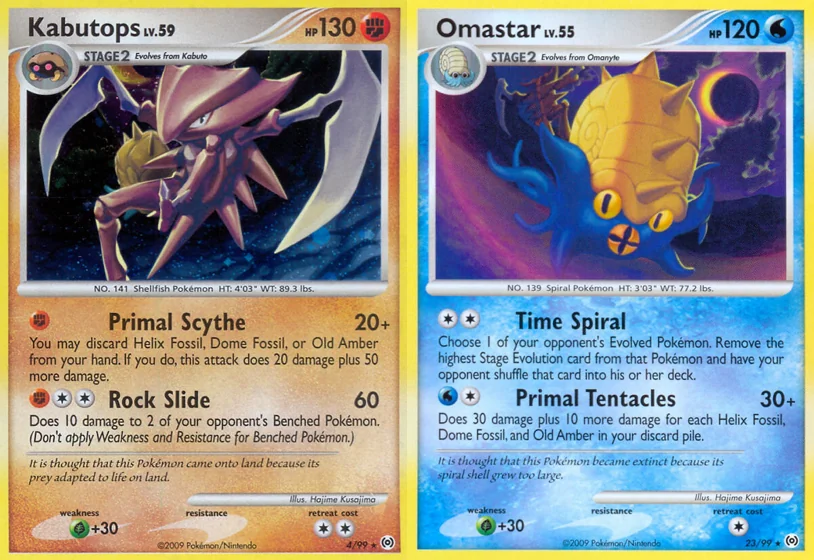 Ilustração combinada: Kabutops e Omastar no Pokémon TCG