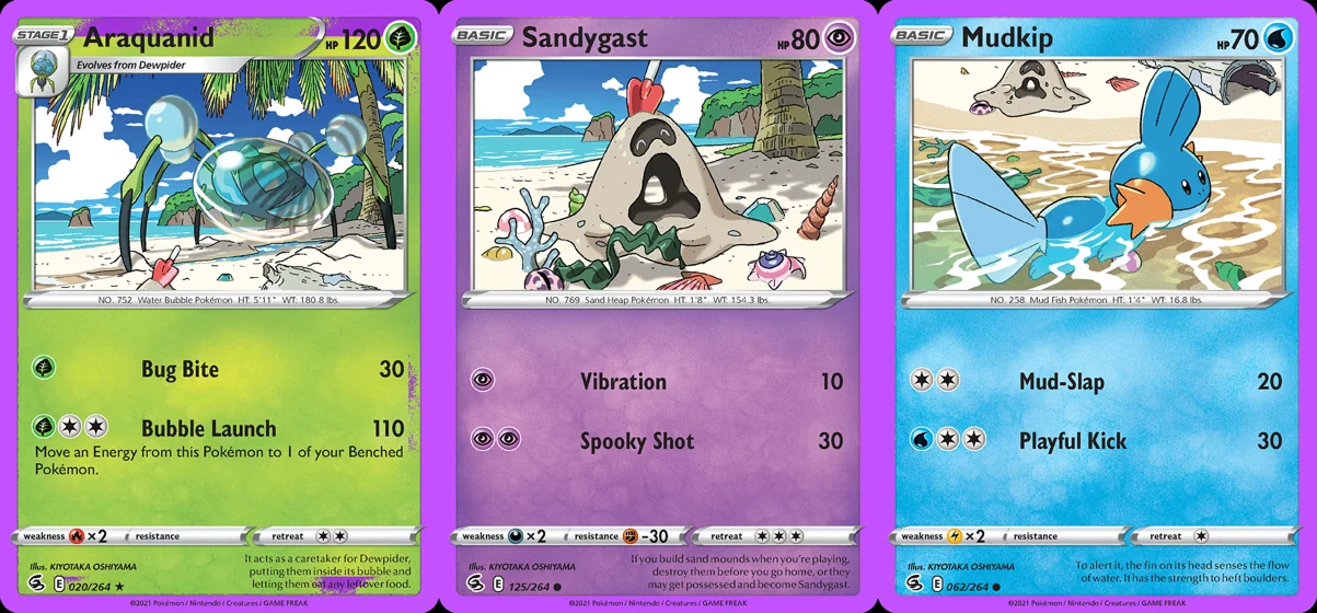 Ilustração combinada: Araquanid, Sandygast e Mudkip no Pokémon TCG