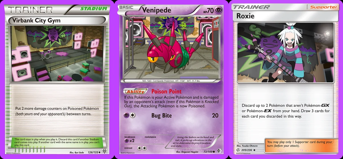 Ilustração combinada: Virbank City Gym, Venipede e Roxie no Pokémon TCG