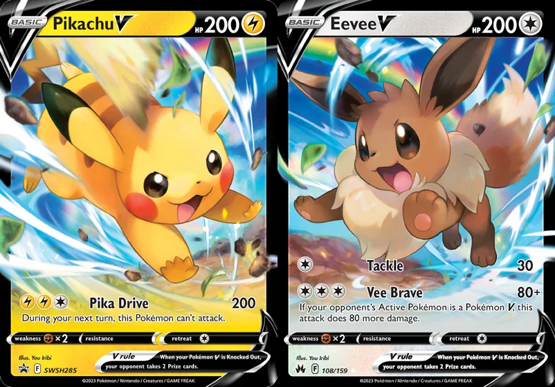Ilustração combinada: Pikachu V e Eevee V no Pokémon TCG
