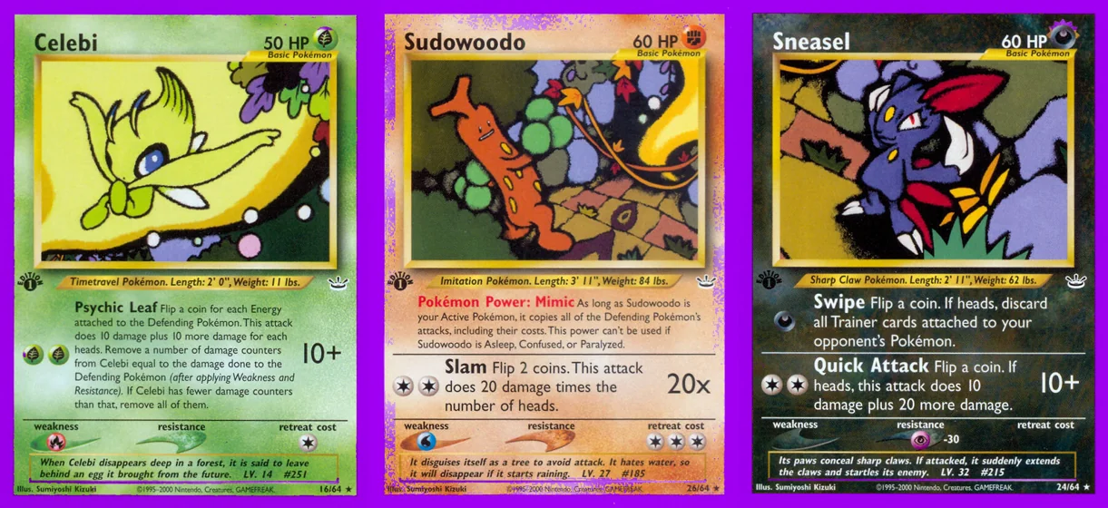 Ilustração combinada: Celebi, Sudowoodo e Sneasel no Pokémon TCG