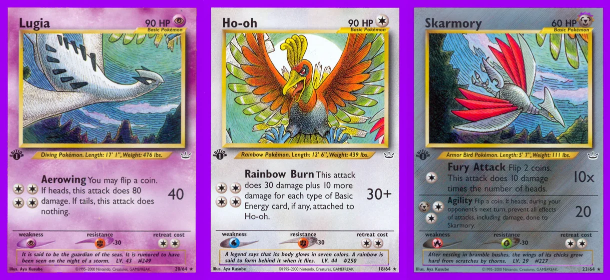 Ilustração combinada: Lugia, Ho-oh e Skarmory no Pokémon TCG