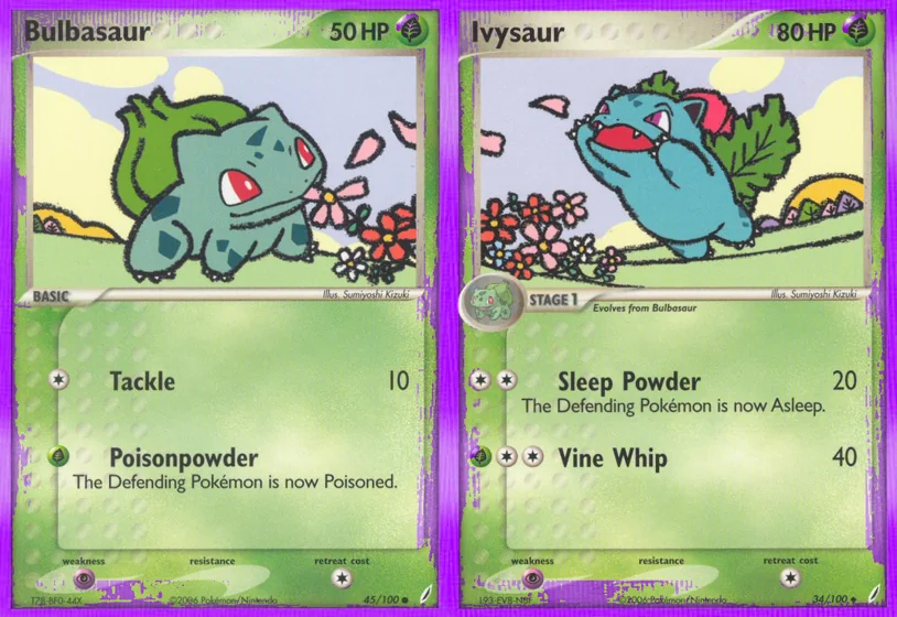 Ilustração combinada: Bulbasaur e Ivysaur no Pokémon TCG