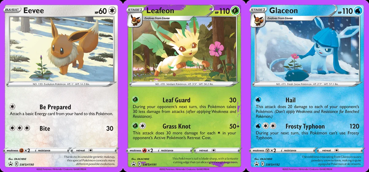 Ilustração combinada: Eevee, Leafeon e Glaceon no Pokémon TCG