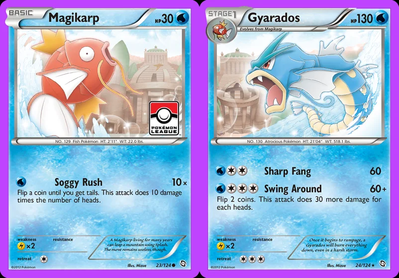 Ilustração combinada: Magikarp e Gyarados no Pokémon TCG