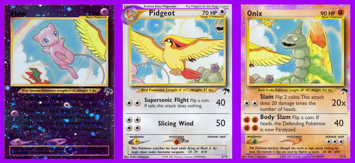 Ilustração combinada: Mew, Pidgeot e Onix no Pokémon TCG