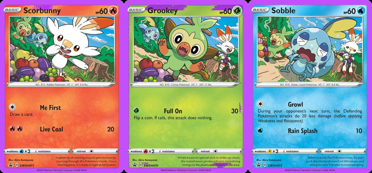 Ilustração combinada: Scorbunny, Grookey e Sobble no Pokémon TCG