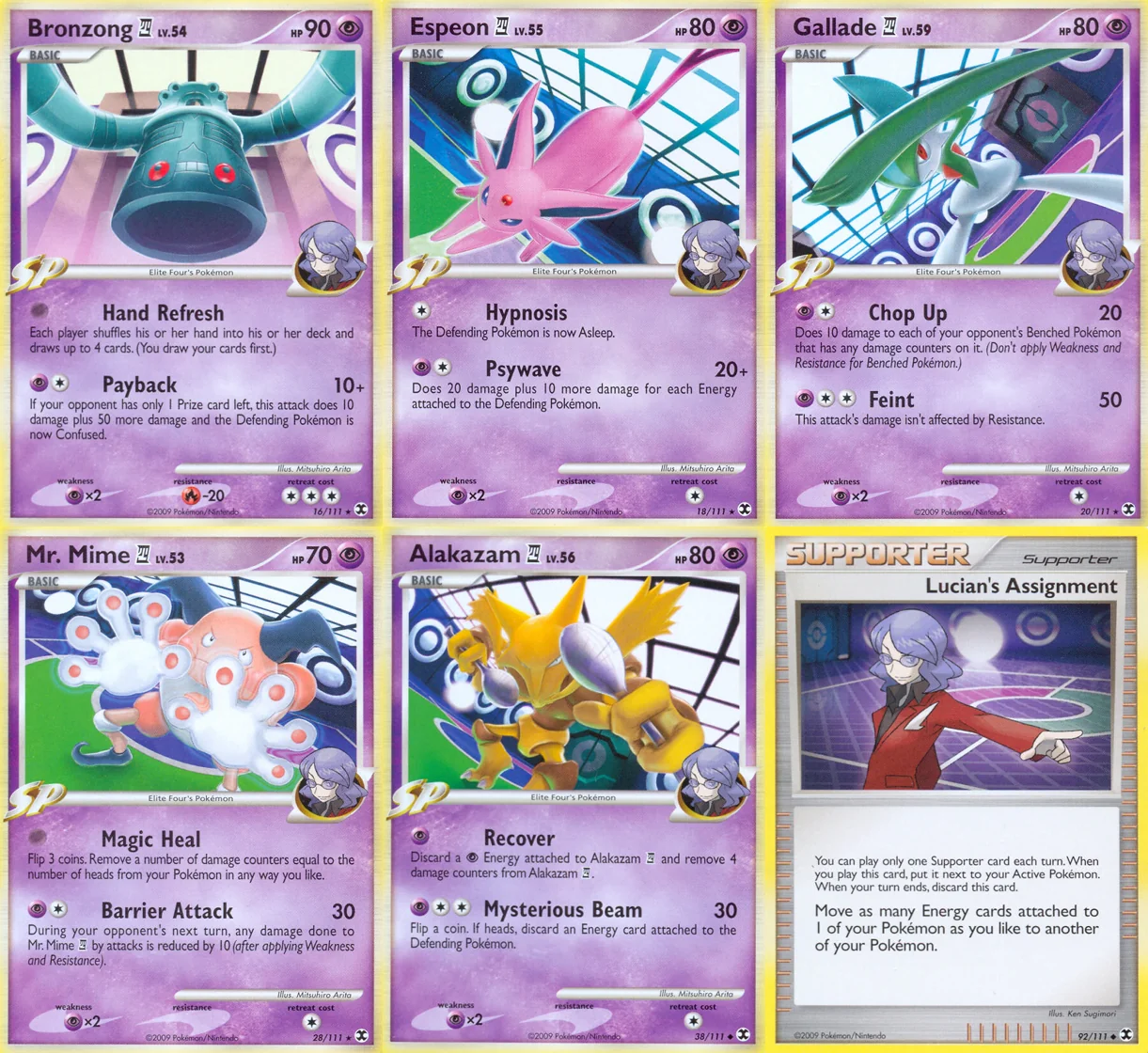 Ilustração combinada: Bronzong, Espeon, Gallade, Mr. Mime, Alakazam e Lucian's Assignment no Pokémon TCG