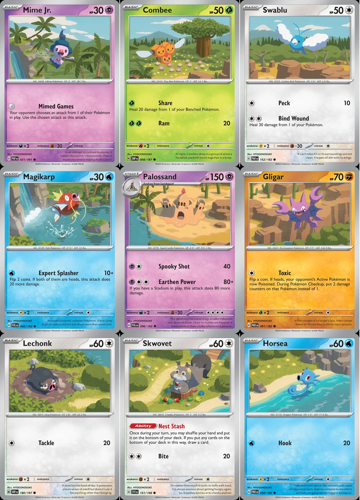 Ilustração combinada: Mime Jr., Combee, Swablu, Magikarp, Palossand, Gligar, Lechonk, Skwovet e Horsea no Pokémon TCG