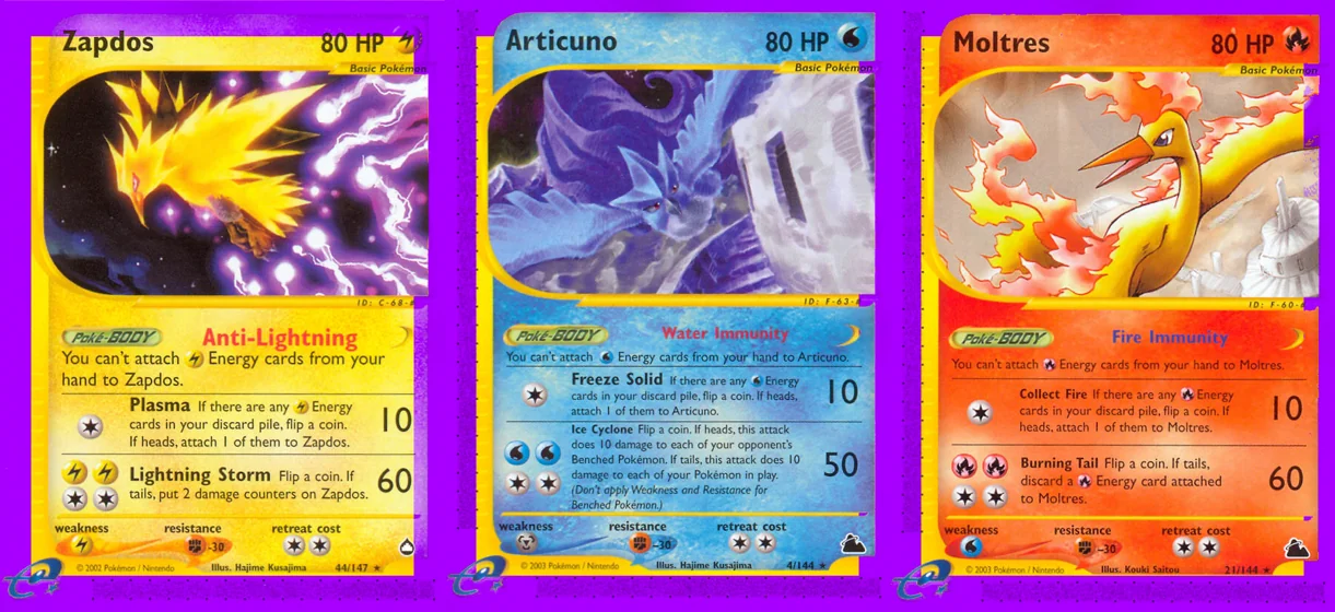 Ilustração combinada: Zapdos, Articuno e Moltres no Pokémon TCG