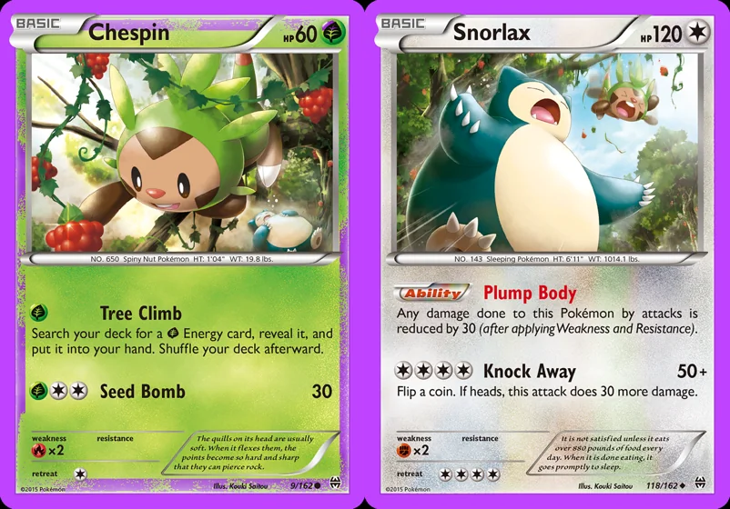 Ilustração combinada: Chespin e Snorlax no Pokémon TCG