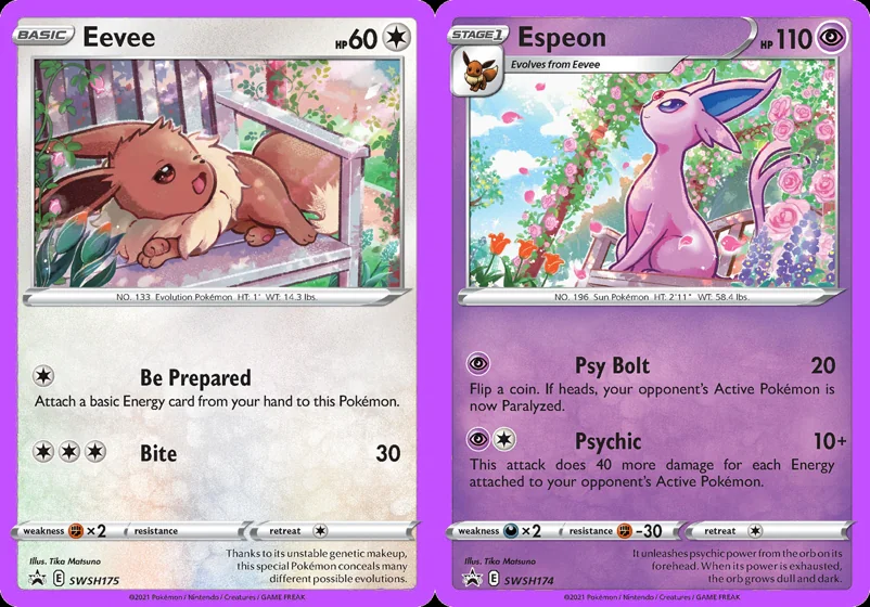 Ilustração combinada: Eevee e Espeon no Pokémon TCG