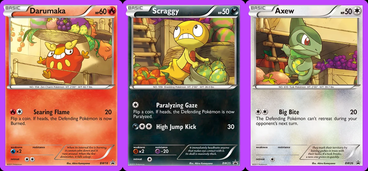 Ilustração combinada: Darumaka, Scraggy e Axew no Pokémon TCG