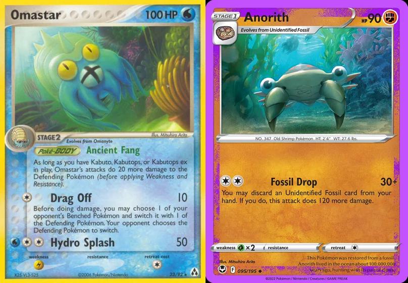Ilustração combinada: Omastar e Anorith no Pokémon TCG
