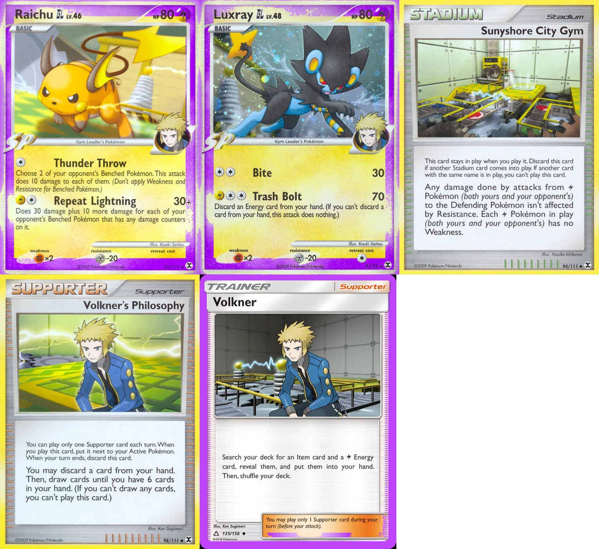 Ilustração combinada: Raichu, Luxray, Sunyshore City Gym, Volkner's Philosophy e Volkner no Pokémon TCG
