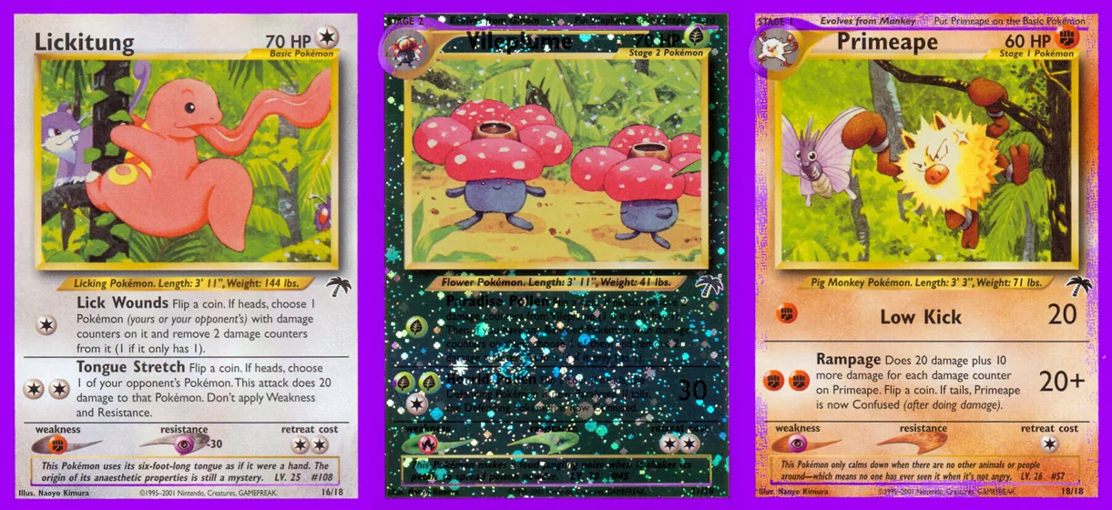 Ilustração combinada: Lickitung, Vileplume e Primeape no Pokémon TCG