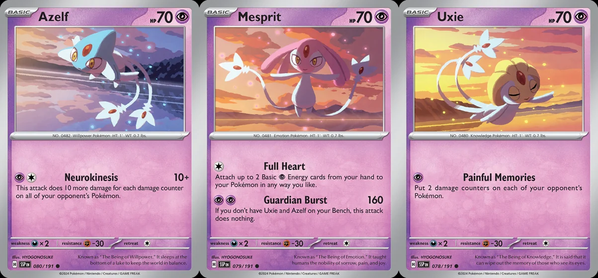 Ilustração combinada: Azelf, Mesprit e Uxie no Pokémon TCG