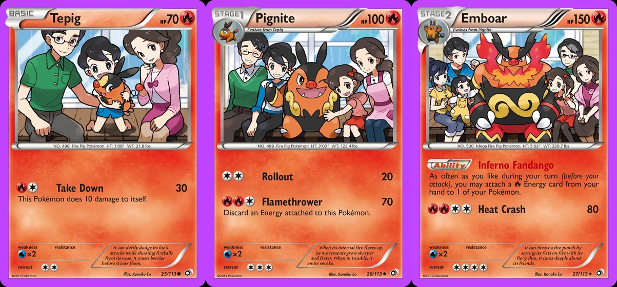 Ilustração combinada: Tepig, Pignite e Emboar no Pokémon TCG