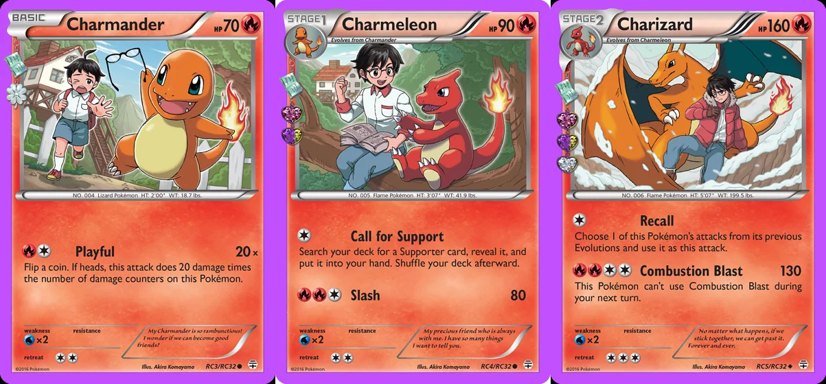 Ilustração combinada: Charmander, Charmeleon e Charizard no Pokémon TCG