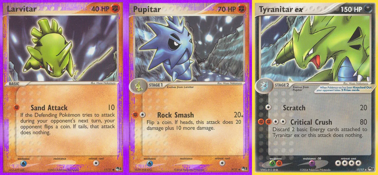Ilustração combinada: Larvitar, Pupitar e Tyranitar ex no Pokémon TCG