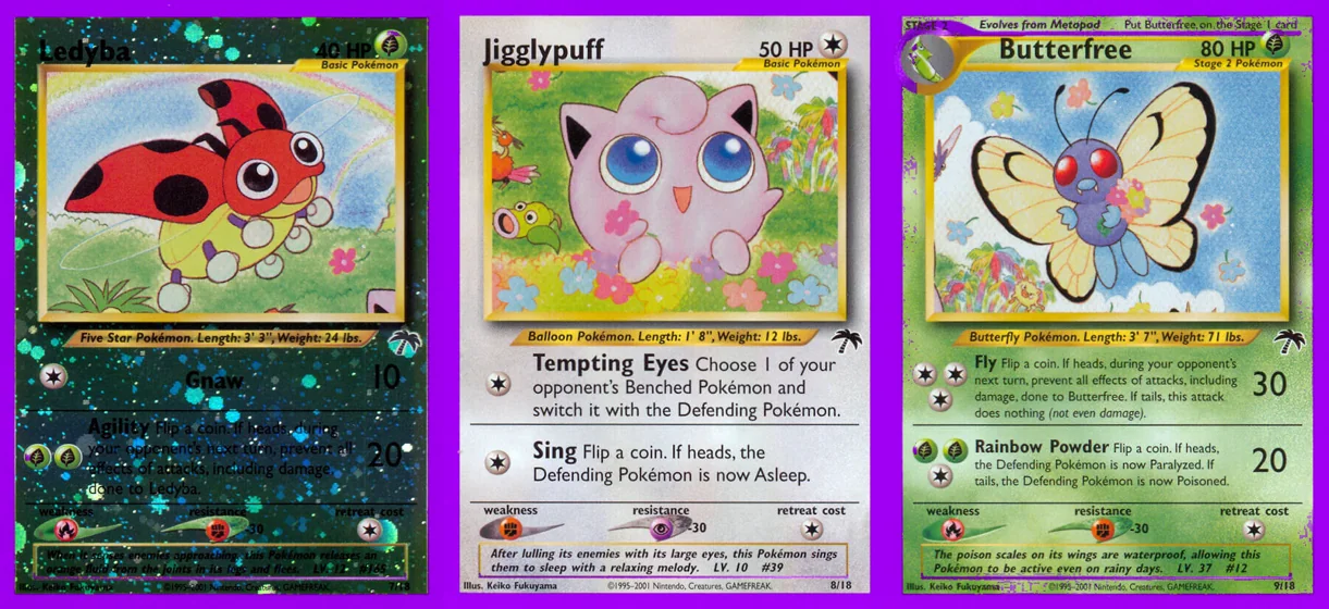 Ilustração combinada: Ledyba, Jigglypuff e Butterfree no Pokémon TCG