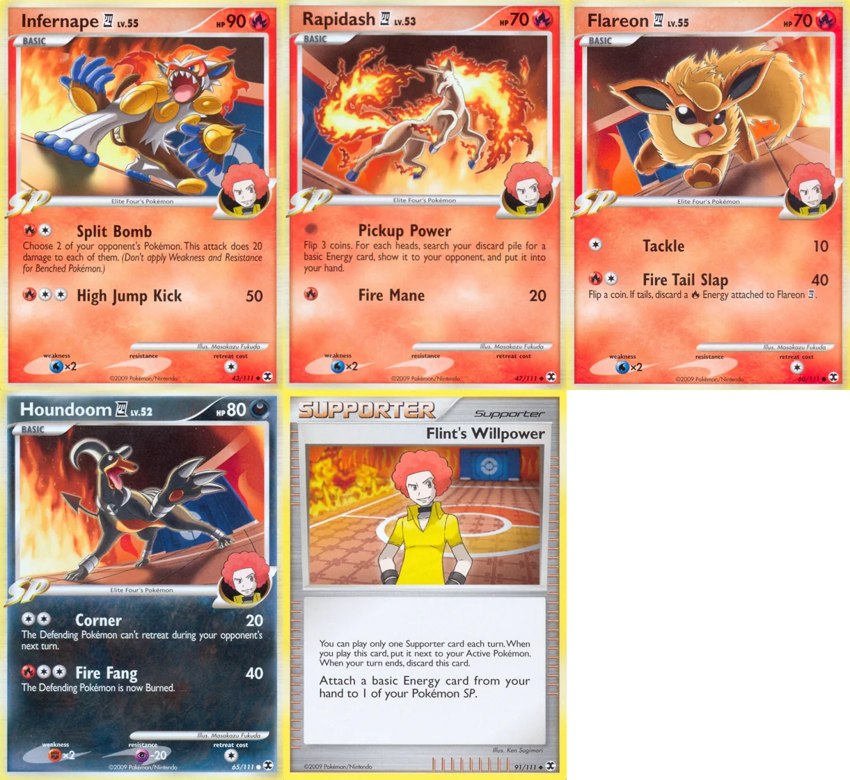 Ilustração combinada: Infernape E4, Rapidash E4, Flareon E4, Houndoom E4 e Flint's Willpower no Pokémon TCG