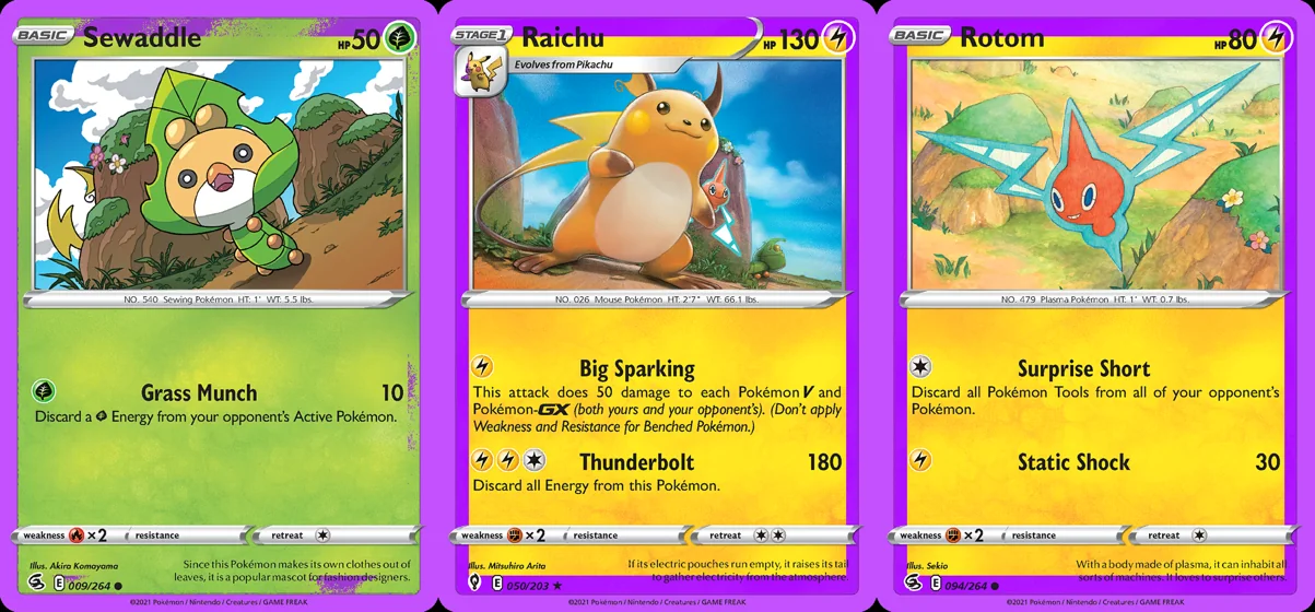 Ilustração combinada: Sewaddle, Raichu e Rotom no Pokémon TCG