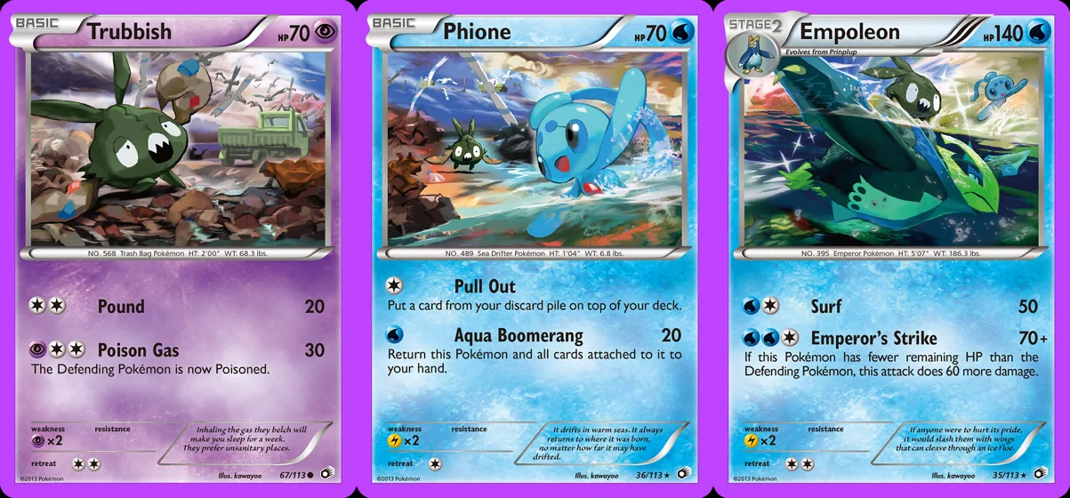 Ilustração combinada: Trubbish, Phione e Empoleon no Pokémon TCG