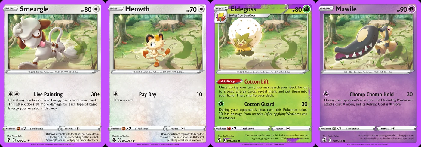 Ilustração combinada: Smeargle, Meowth, Eldegoss e Mawile no Pokémon TCG
