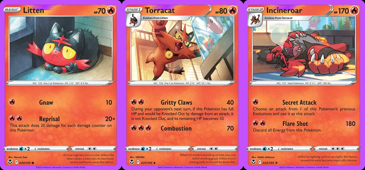 Ilustração combinada: Litten, Torracat e Incineroar no Pokémon TCG