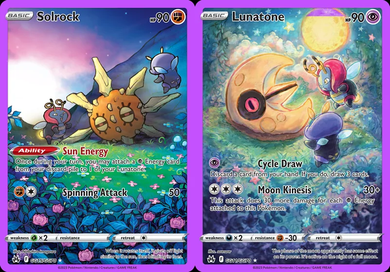 Ilustração combinada: Solrock e Lunatone no Pokémon TCG
