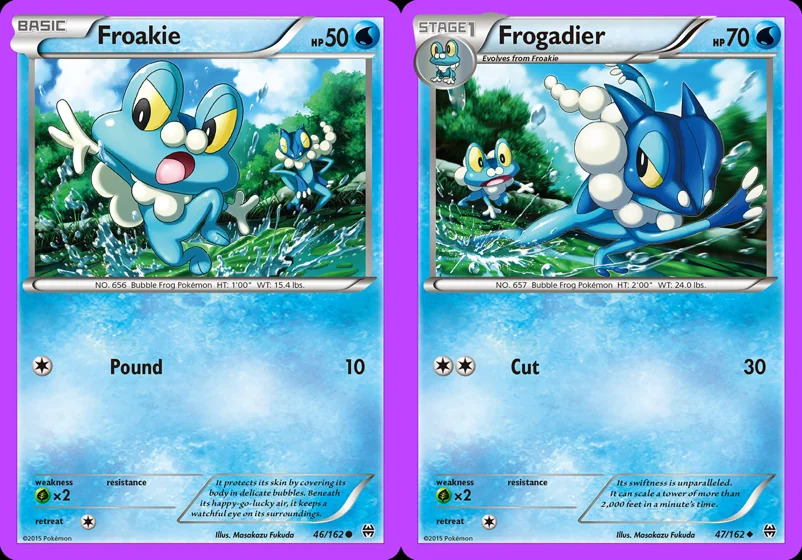 Ilustração combinada: Froakie e Frogadier no Pokémon TCG
