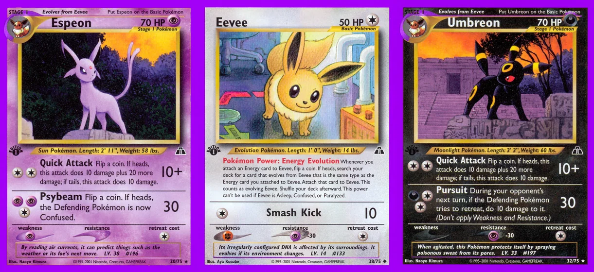 Ilustração combinada: Espeon, Eevee e Umbreon no Pokémon TCG