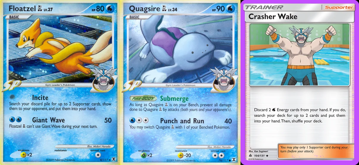 Ilustração combinada: Floatzel GL, Quagsire GL e Crasher Wake no Pokémon TCG
