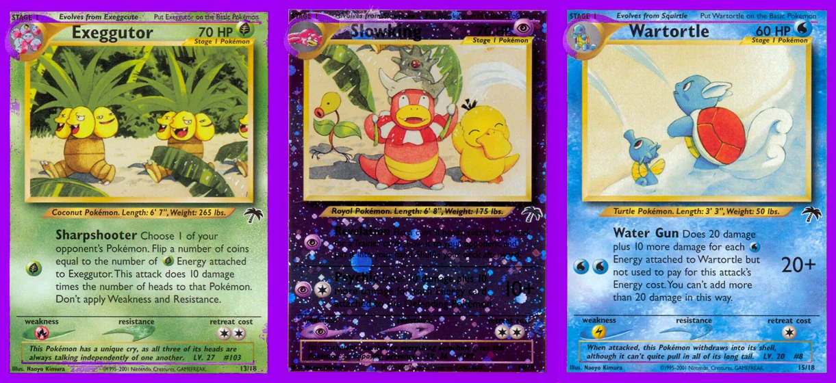 Ilustração combinada: Exeggutor, Slowking e Wartortle no Pokémon TCG